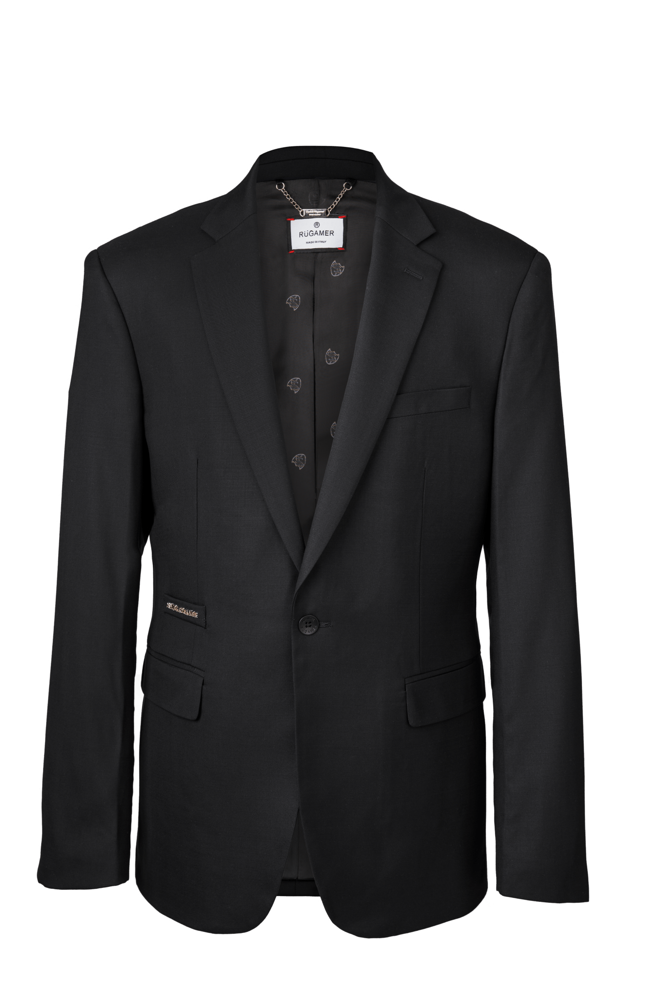 Schwarzer Signature Anzug -präsentiert auf Büste, kraftvoller Ausdruck italienischer Eleganz.