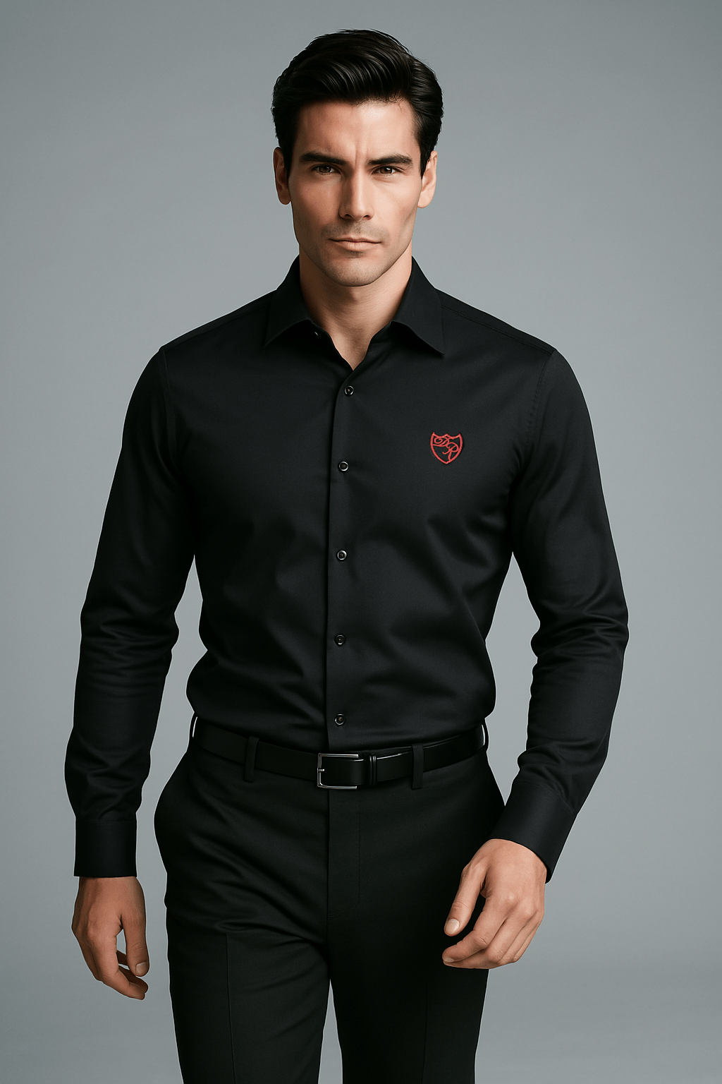Tiefschwarzes Signature Hemd aus feinster Baumwolle, veredelt durch eine leuchtend rote Wappenstickerei - Ausdruck kraftvoller Eleganz und stilvoller Raffinesse.
