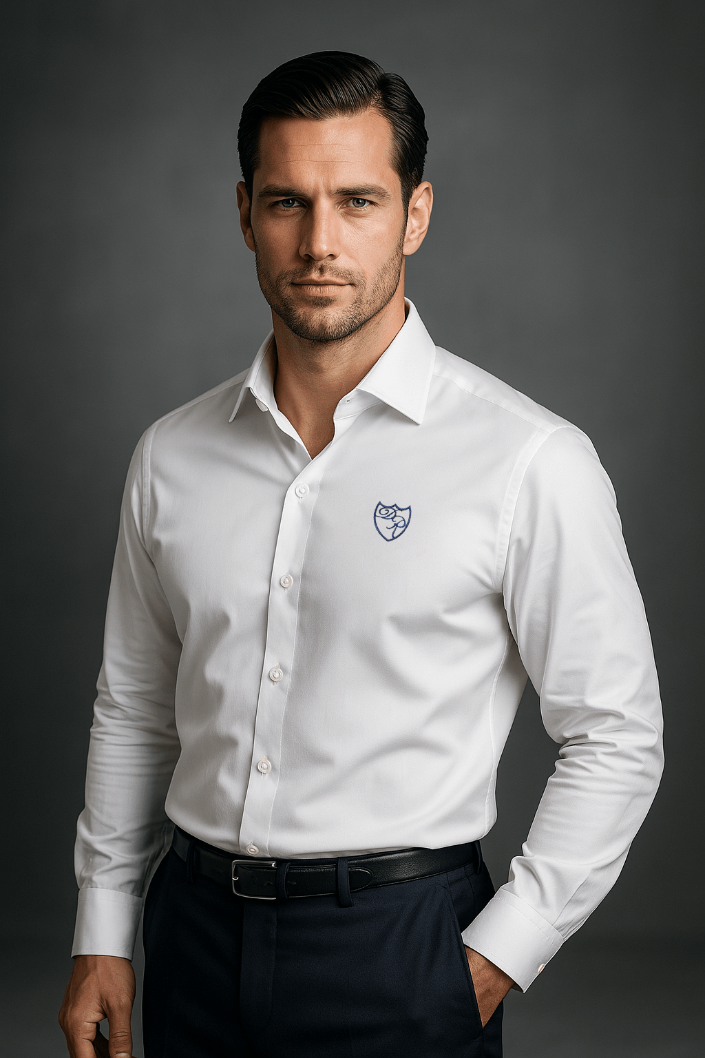 Elegantes weißes Signature Hemd aus feinster italienischer Baumwolle, veredelt durch ein edel gesticktes blaues Wappenlogo - Sinnbild stilvoller Raffinesse und souveräner Leichtigkeit.