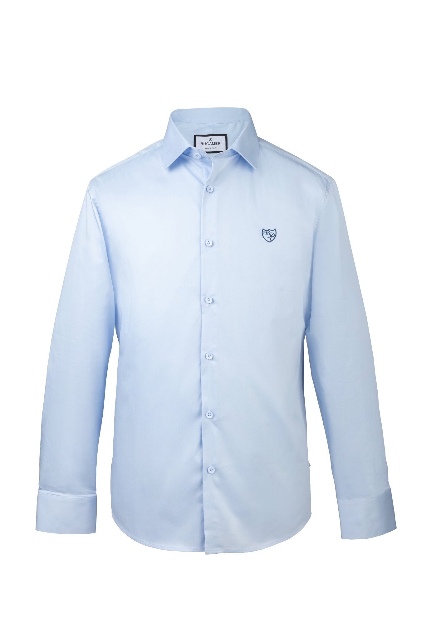 Freigestellte Frontansicht des hellblauen Daniel Rügamer Hemds. Slim Fit Schnitt mit ikonischem Kentkragen und edler Bruststickerei - modernes Luxusdesign made in Italy.