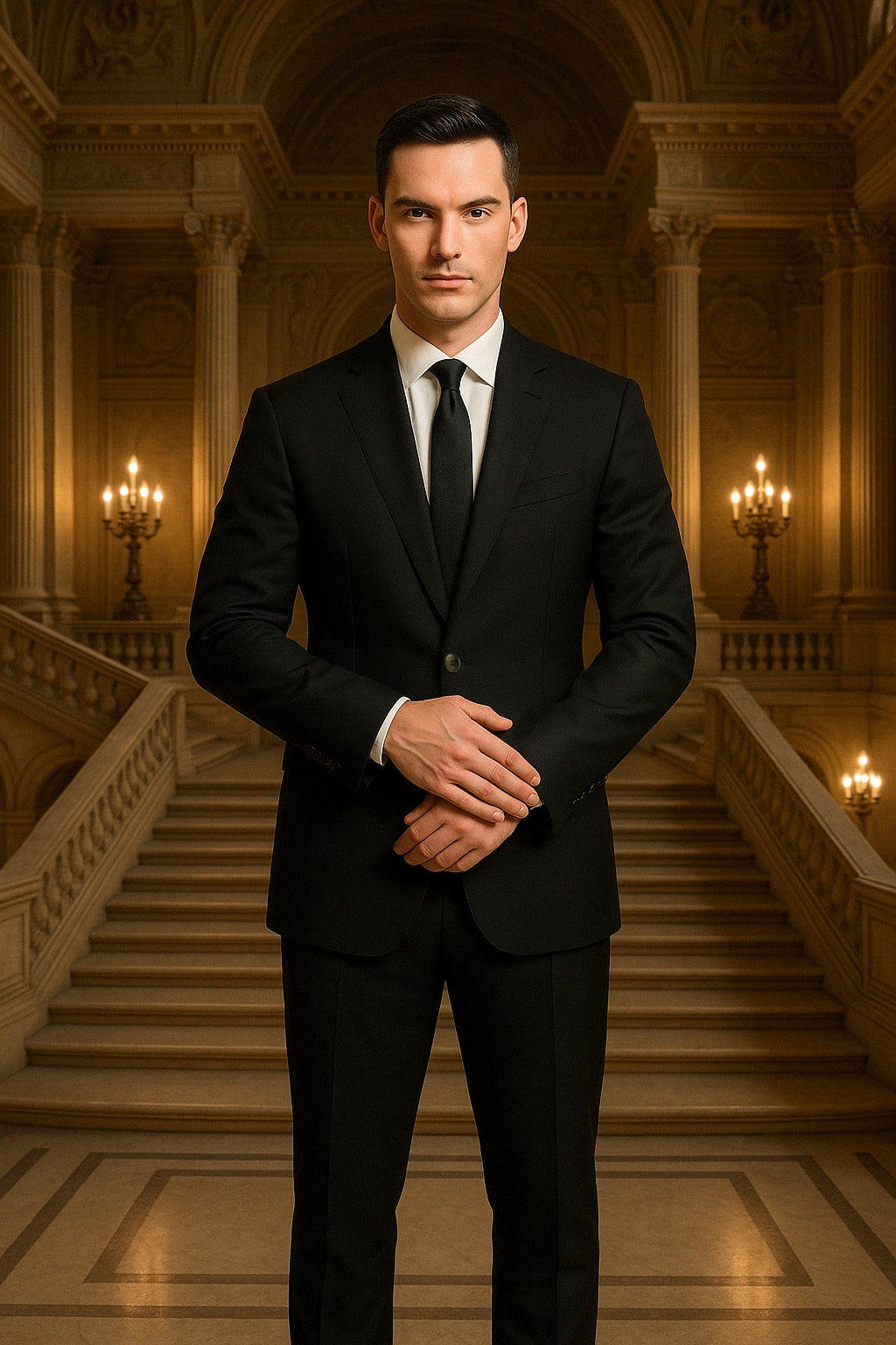 Schwarzer Anzug im Palazzo vor einer Marmortreppe