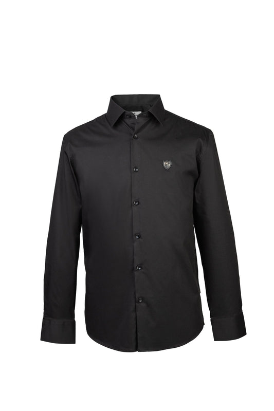 Puristisches, kraftvolles Signature Hemd in Tiefschwarz mit ikonischem Metalllogo auf handverarbeitetem Saffianleder.