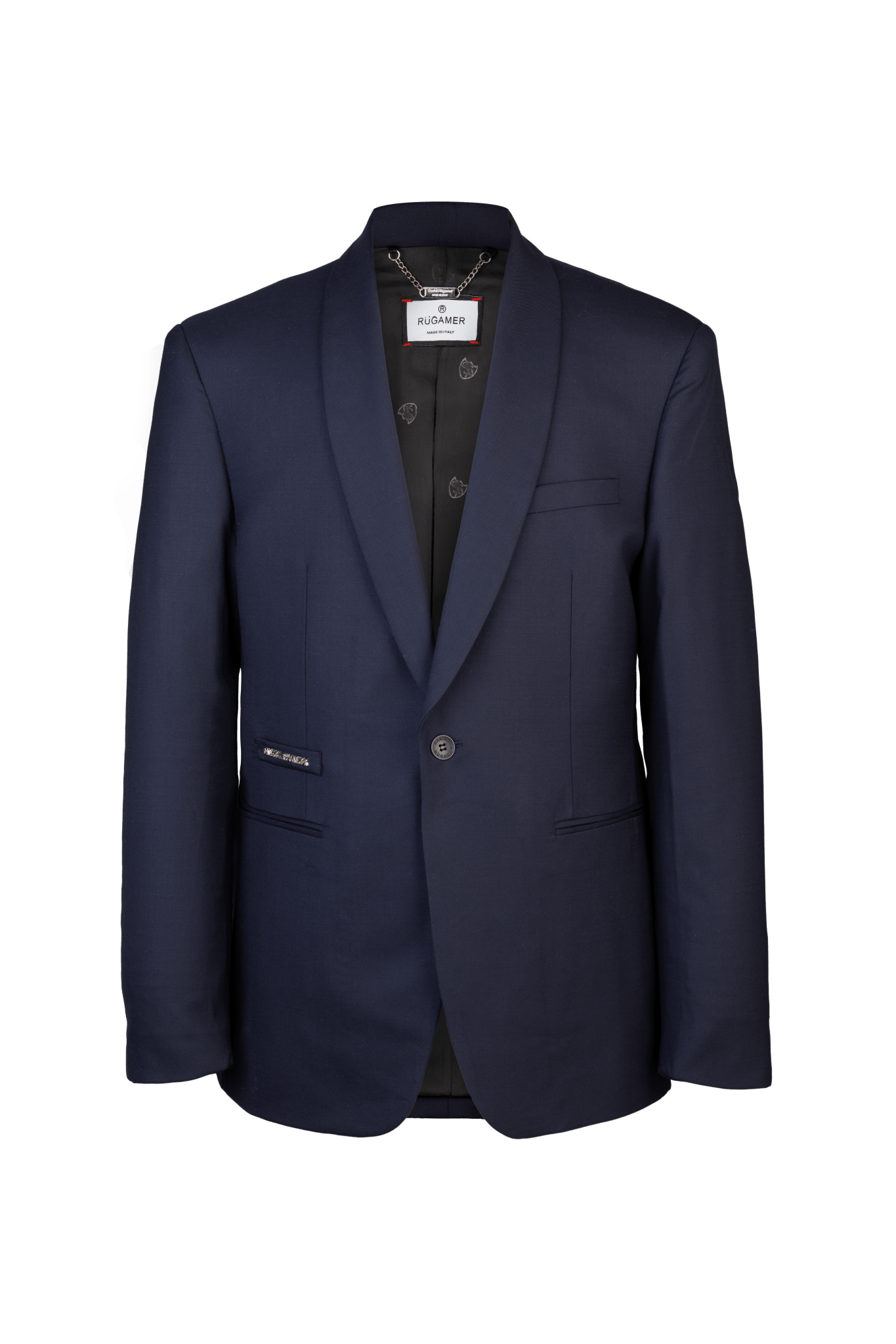 Marineblauer Signature Anzug mit Schalkragen - luxuriöses Sakko, bezogene Metallknöpfe, feine italienische Verarbeitung.