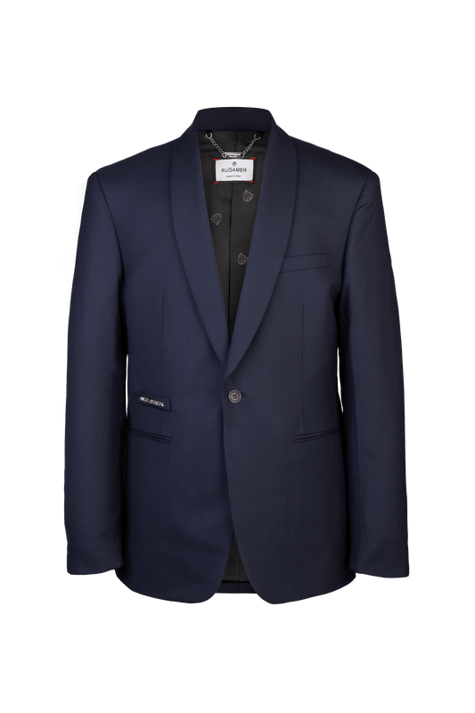 Marineblauer Signature Anzug mit Schalkragen - luxuriöses Sakko, bezogene Metallknöpfe, feine italienische Verarbeitung.