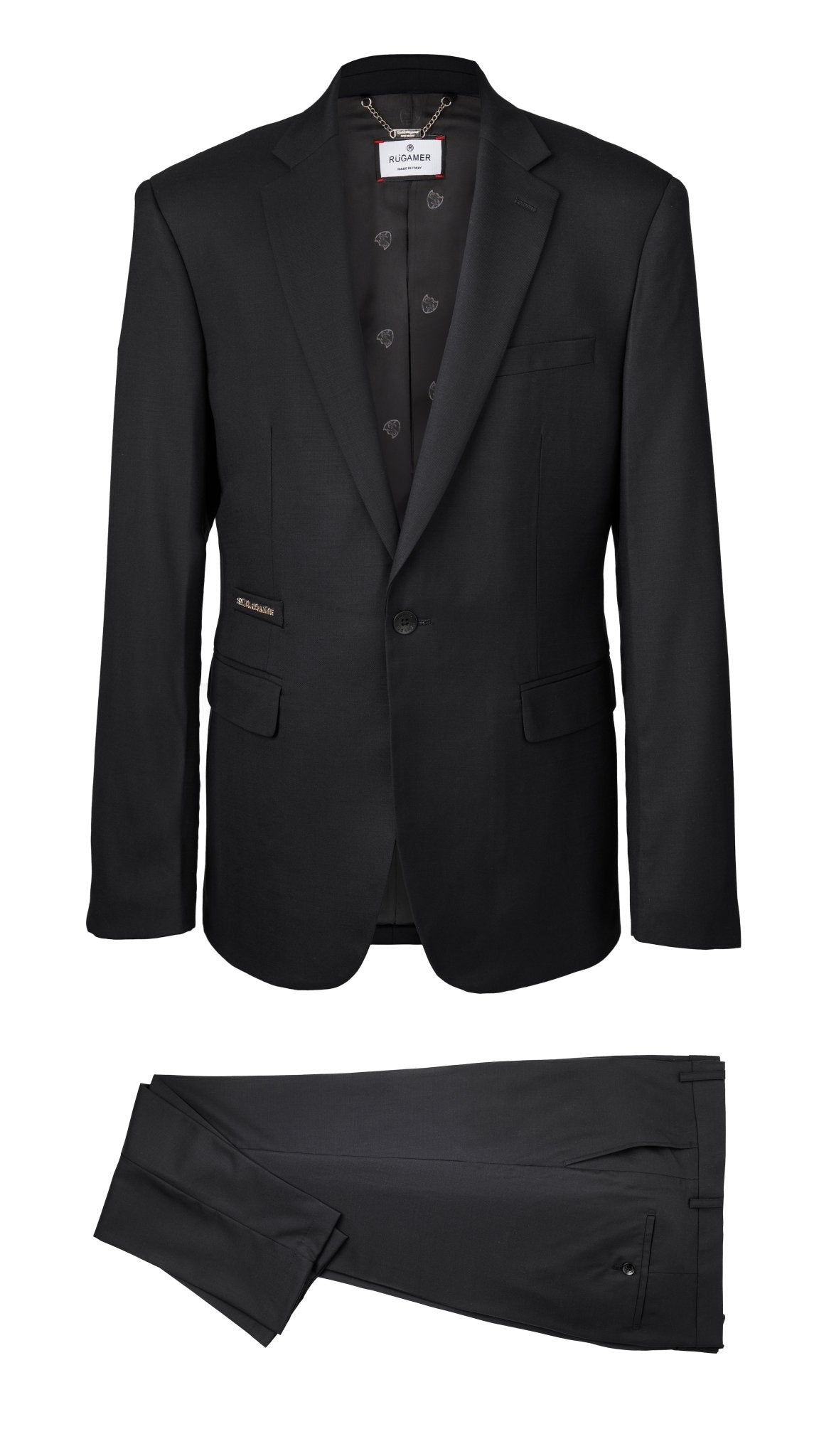 Schwarzer Signature Anzug -präsentiert auf Büste, kraftvoller Ausdruck italienischer Eleganz.