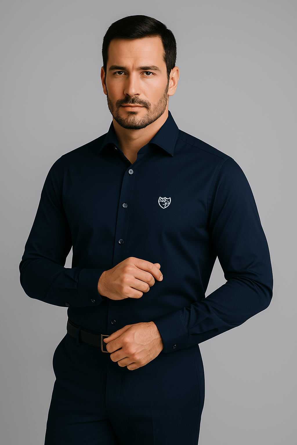Marineblaues Signature Hemd mit weißem Wappenlogo - präsentiert mit eleganter Handgeste, verkörpert lässige Souveränität und zeitlose Klasse.