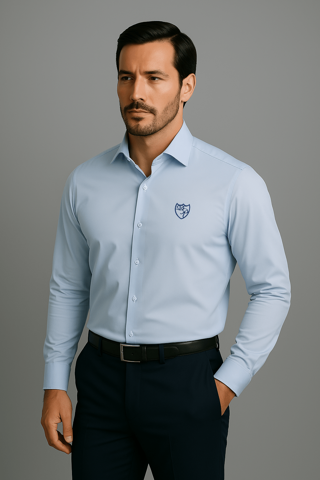Hellblaues Signature Hemd aus feinster italienischer Baumwolle mit edlem dunkelblauen Wappenlogo - lässige Frontansicht mit Hand-in-der-Tasche-Geste, Ausdruck entspannter Eleganz.